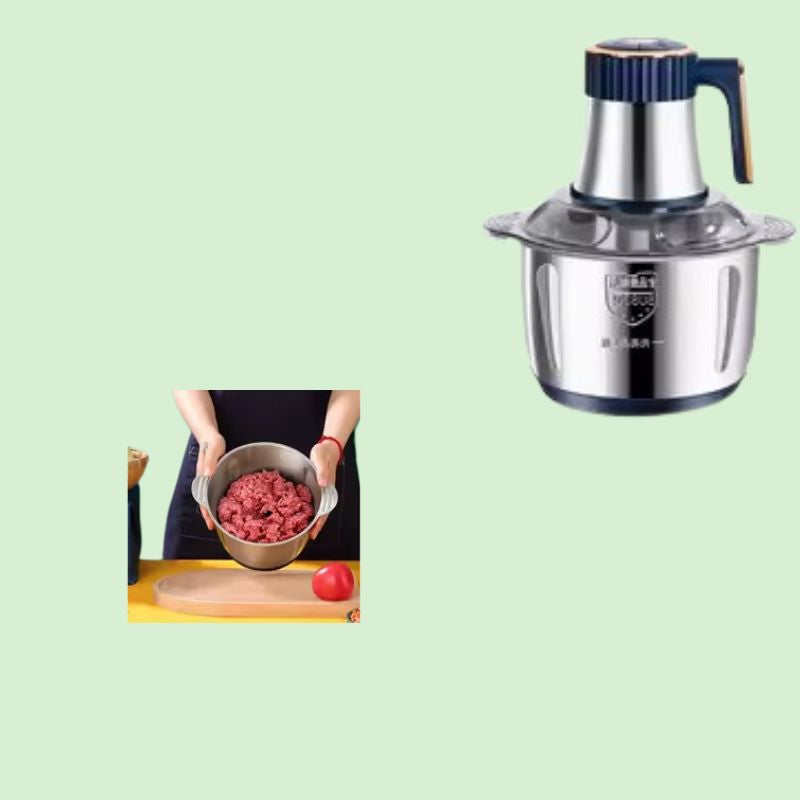 Blender en acier inoxydable avec son bol rempli de viande hachée à côté, illustrant la capacité et la polyvalence du produit.