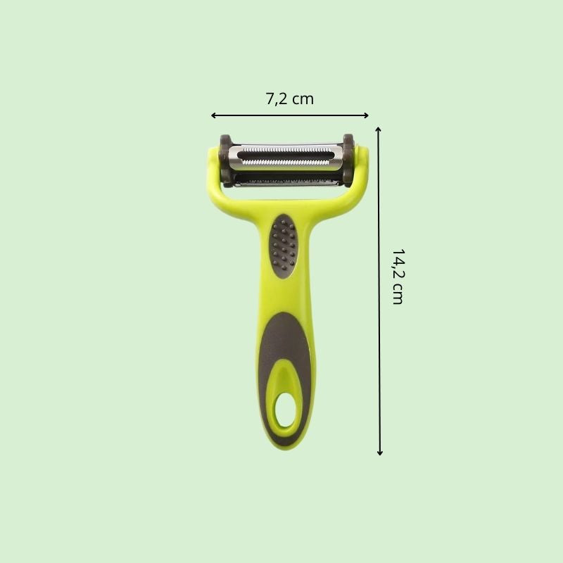 Éplucheur rotatif 3 en 1 avec dimensions détaillées, idéal pour éplucher, trancher et couper en julienne fruits et légumes