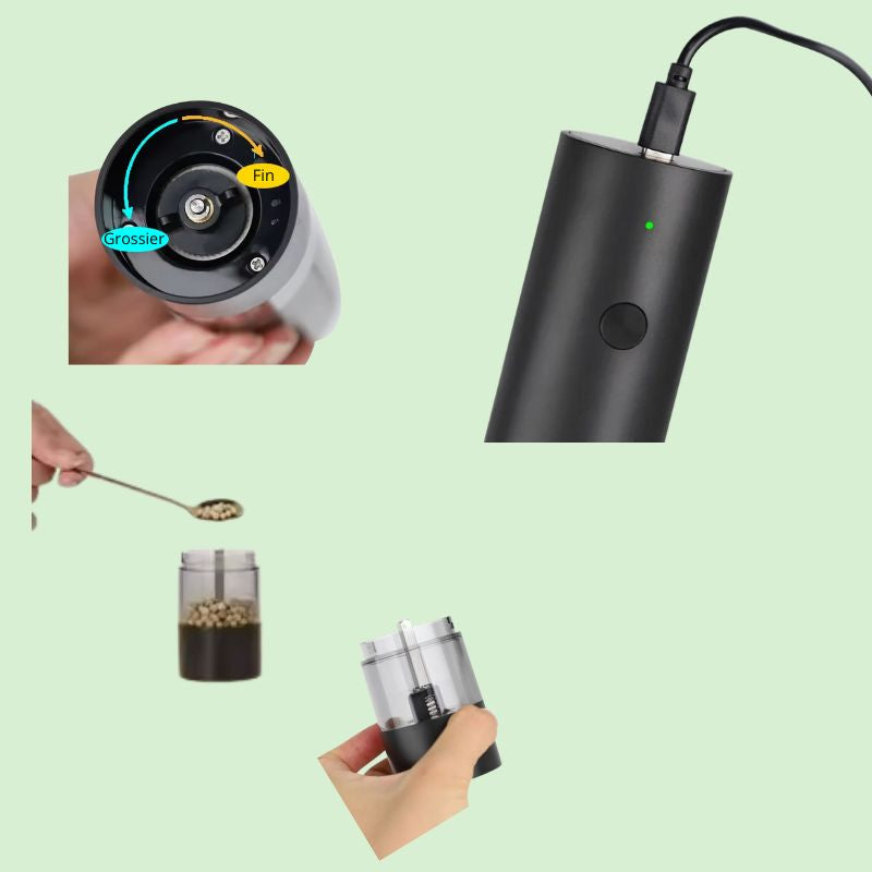 Moulin électrique sel et poivre montrant comment charger, remplir le poivre et utiliser les deux modes de mouture