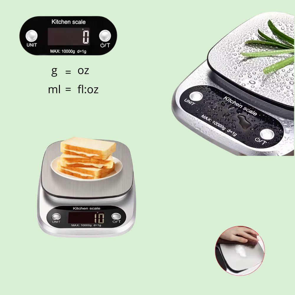 Balance de cuisine digitale en inox avec écran clair et unités multiples, facile à nettoyer 