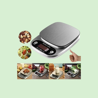 Balance de cuisine digitale en inox pesant divers aliments avec précision de 1 g jusqu’à 10 kg
