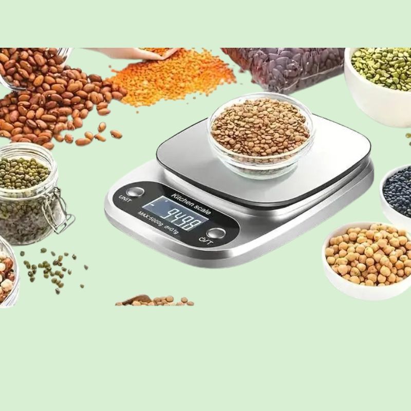 Balance de cuisine digitale en inox pesant des légumes secs avec précision de 1 g jusqu’à 10 kg
