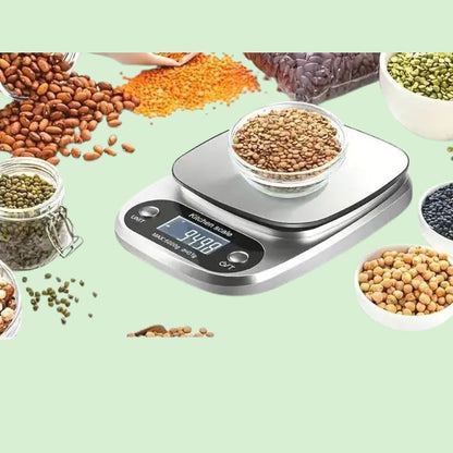 Balance de cuisine digitale en inox pesant des légumes secs avec précision de 1 g jusqu’à 10 kg
