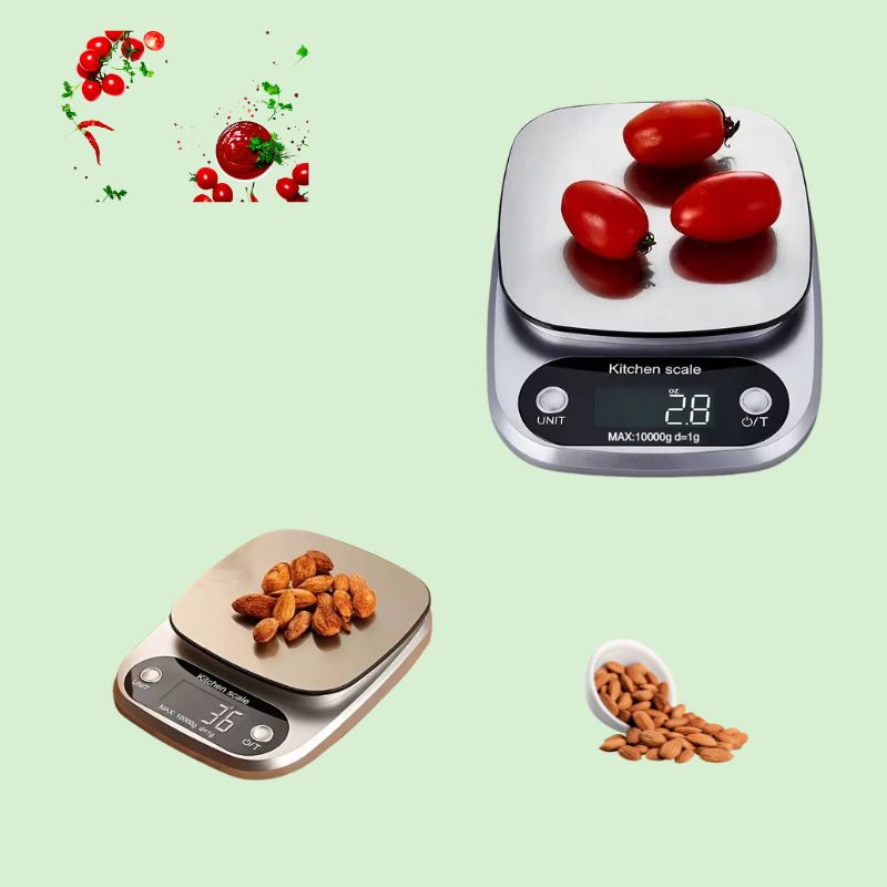 Deux balances de cuisine digitales en inox pesant des tomates et des amandes avec précision de 1 g jusqu’à 10 kg
