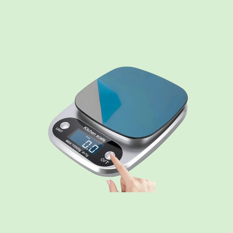Balance de cuisine digitale en inox avec plateau en plastique, précision 1 g jusqu’à 10 kg
