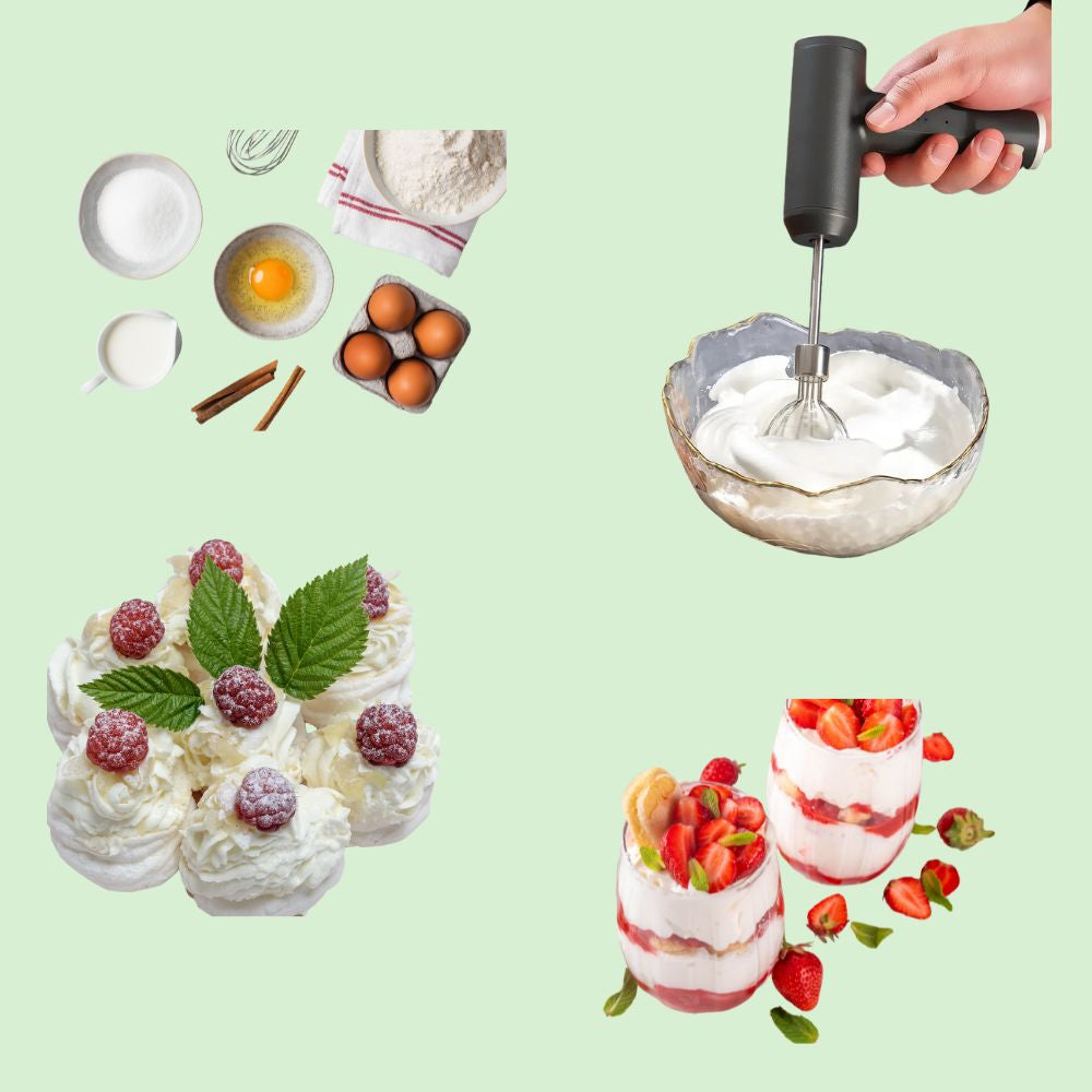 Batteur électrique sans fil fouettant des blancs d’œufs avec ingrédients et exemples de meringue et mousse aux fraises