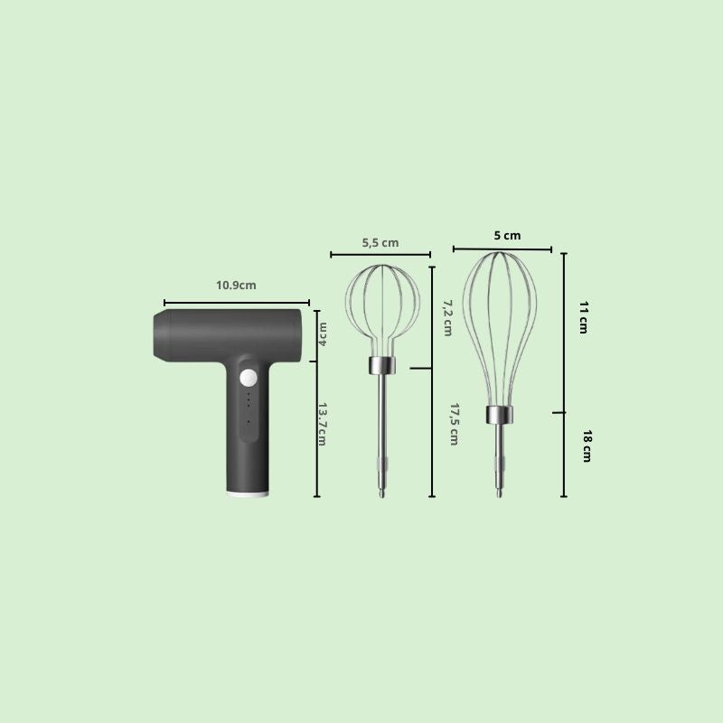 Batteur électrique sans fil montrant les dimensions du produit