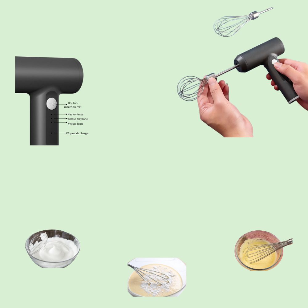Batteur électrique sans fil en train de fouetter œufs, pâtes ou crèmes, léger, ergonomique et facile à nettoyer