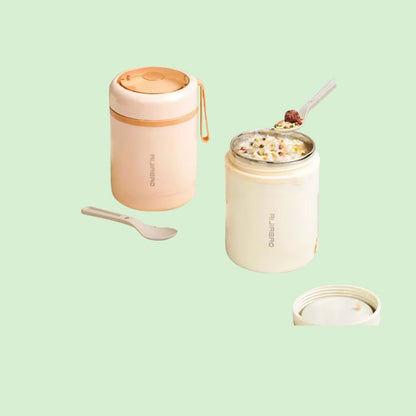 Deux boîtes chauffantes électriques inox 0,6 L, l’une vide et l’autre remplie d’un repas