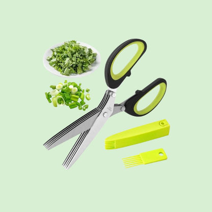 Ciseaux de cuisine 5 lames en inox posés à côté de ciboulette et de coriandre