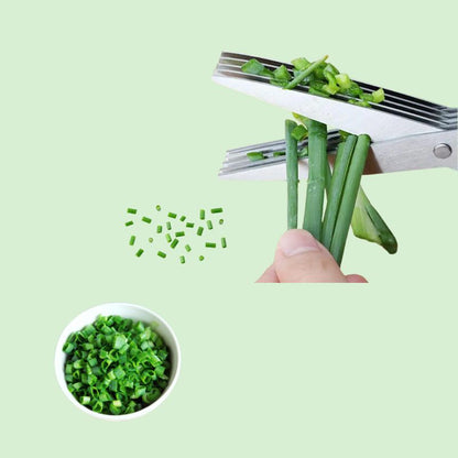 Ciseaux de cuisine 5 lames en inox en train de couper de la ciboulette fraîche