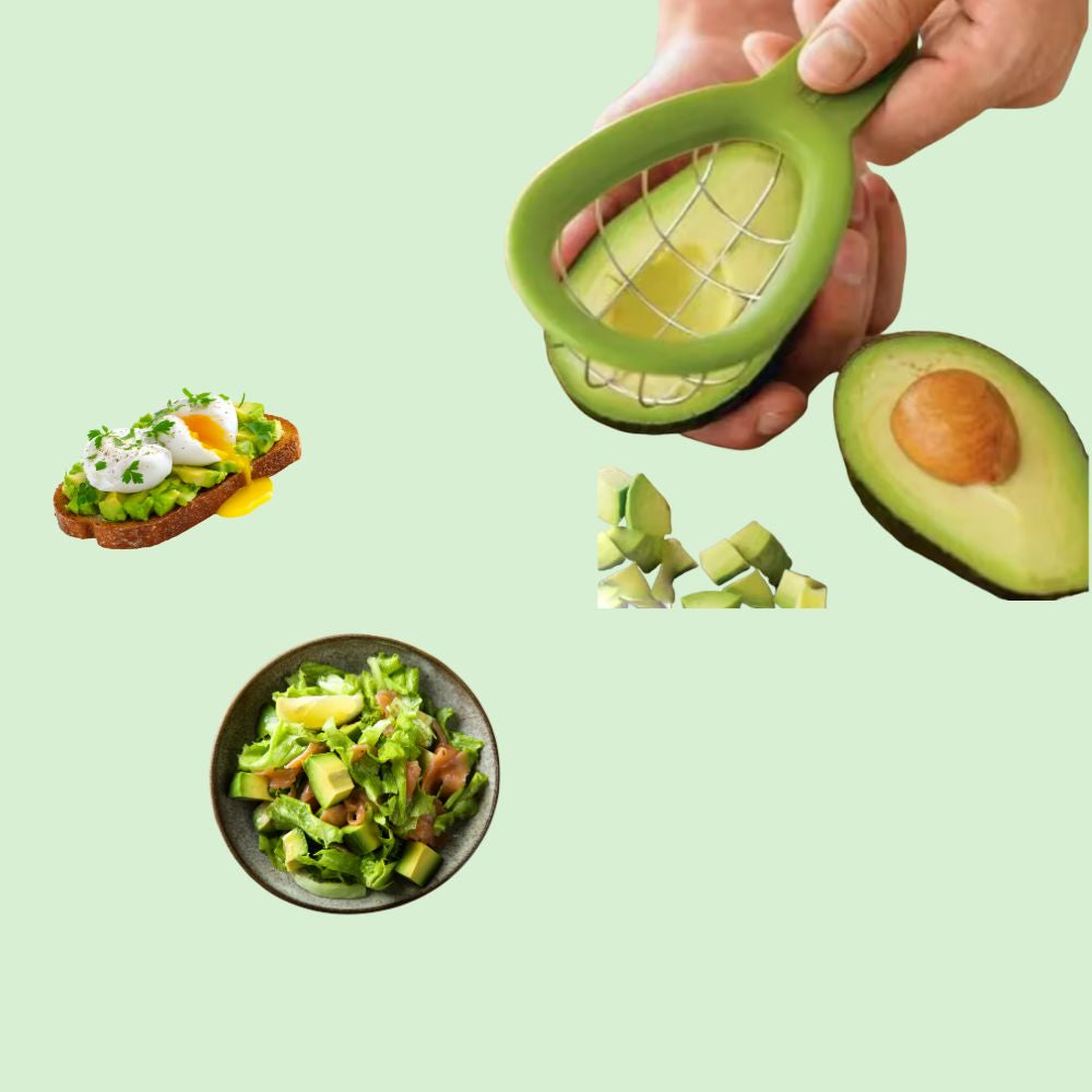 coupe-avocat en inox avec cubes d’avocat, salade et toast à l’avocat
