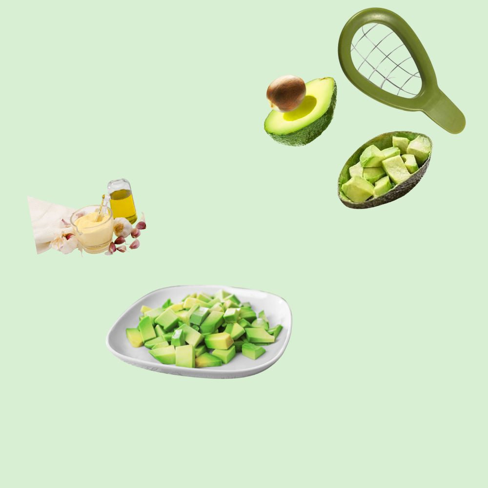 coupe-avocat en inox avec avocat découpé en cubes réguliers pour préparation facile