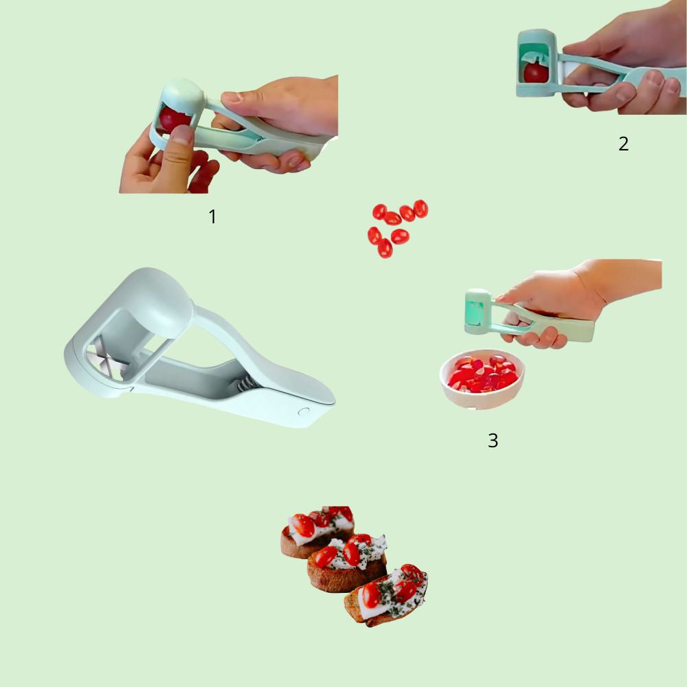 Démonstration du coupe-fruits étape par étape avec des tomates.