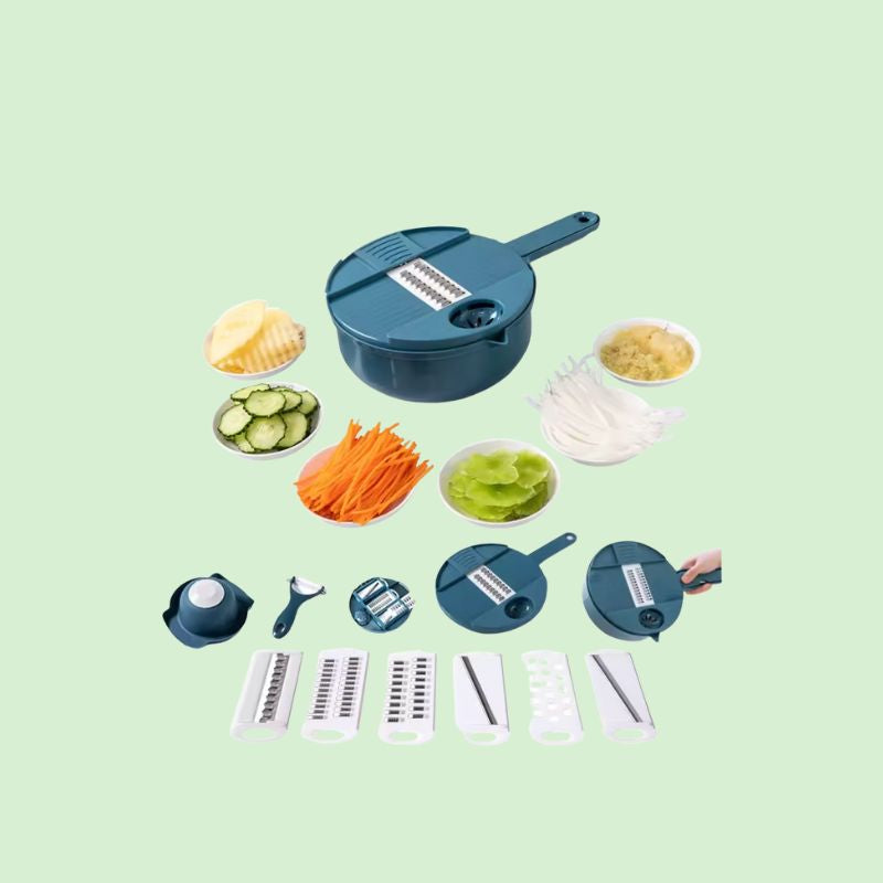 Coupe-légumes multifonction 12-en-1 entouré de légumes coupés de différentes manières chaque accessoire a cote