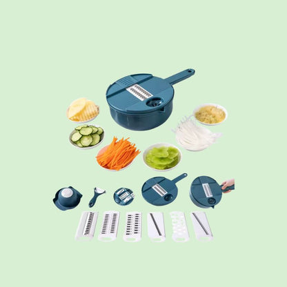 Coupe-légumes multifonction 12-en-1 entouré de légumes coupés de différentes manières chaque accessoire a cote