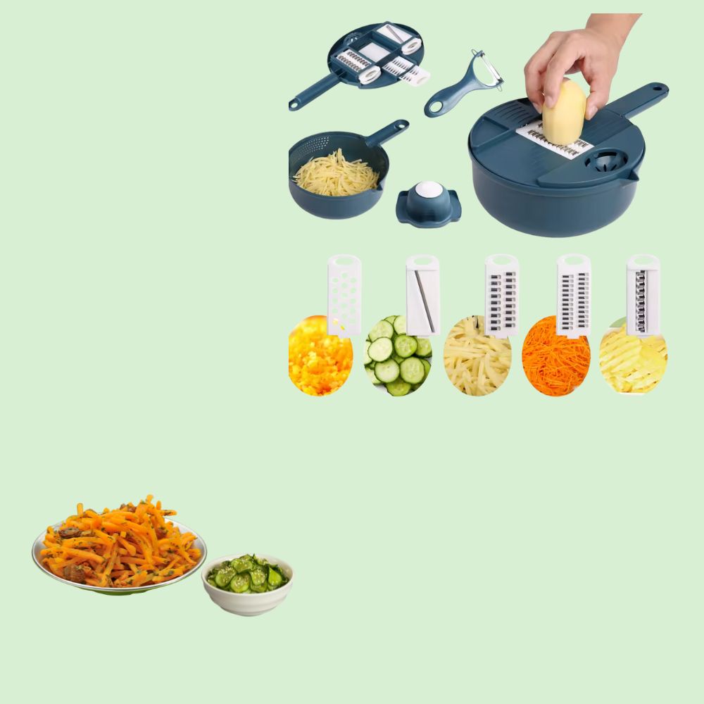 Coupe-légumes multifonction 12-en-1 compact regroupant plusieurs fonctions, permet des préparations rapides.