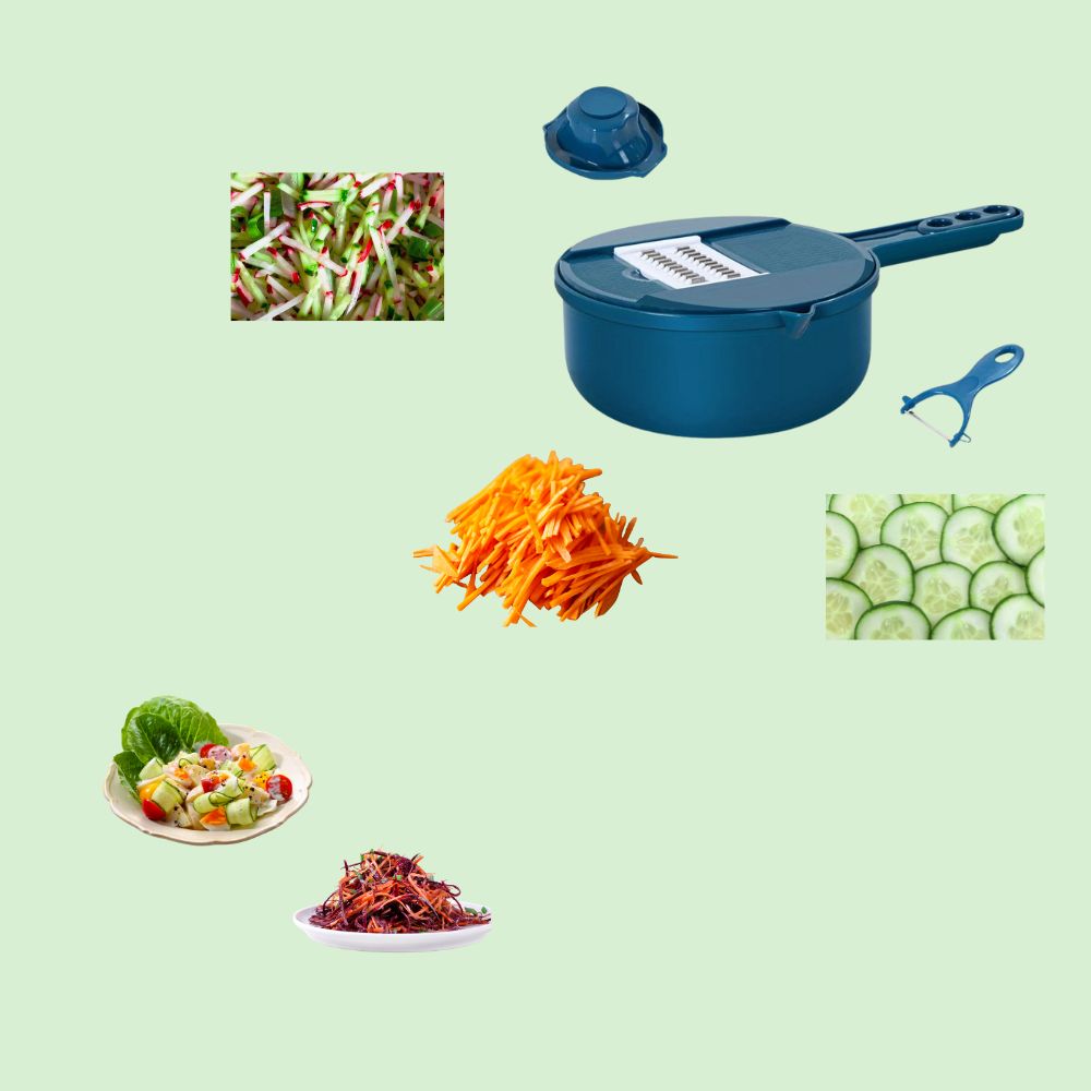 Coupe-légumes multifonction 12-en-1 réalisant des découpes nettes et régulières, parfait pour salades et accompagnements attrayants