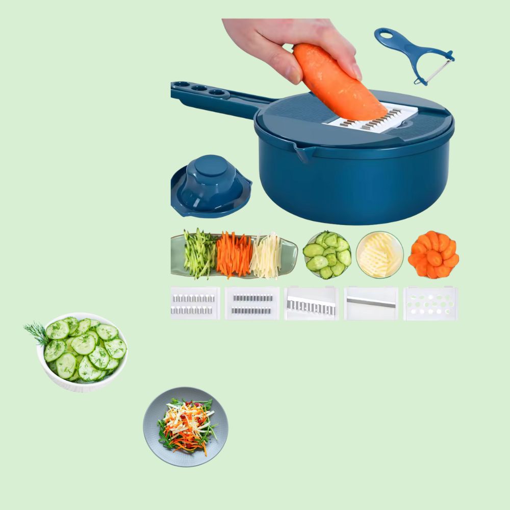 Coupe-légumes multifonction 12-en-1 pour hacher, râper et émincer facilement les légumes, rendant la préparation rapide et intuitive