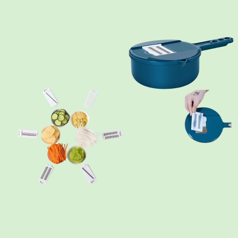 Coupe-légumes multifonction 12-en-1 présenté seul avec différents types de découpes de légumes visibles autour