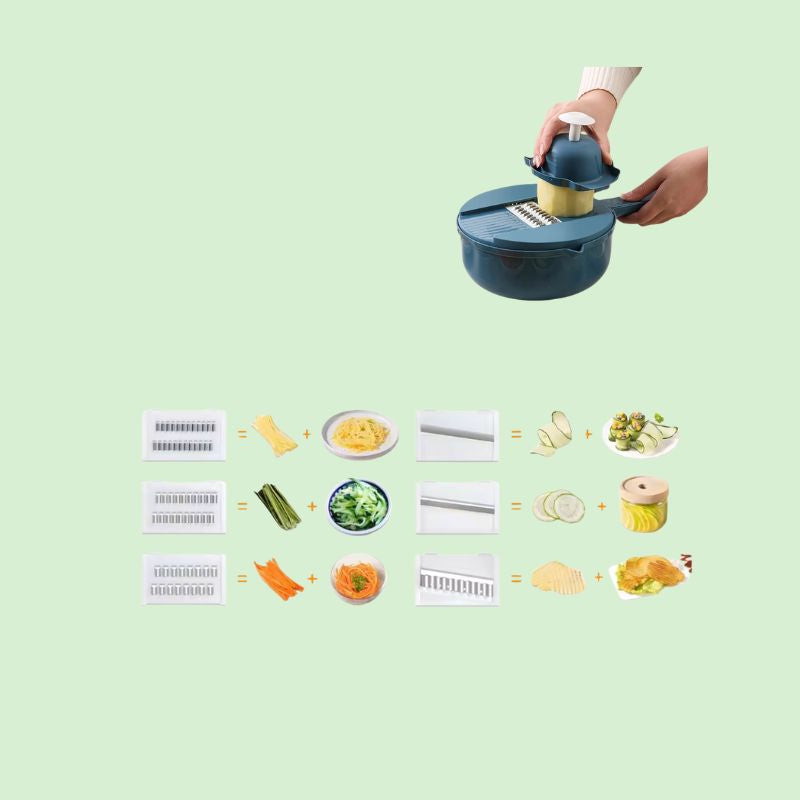 Coupe-légumes multifonction 12-en-1 en train de trancher une pomme de terre, avec différentes lames et les découpes correspondantes visibles à côté