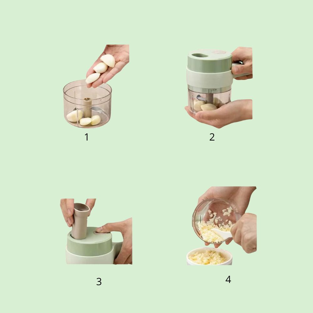 Étapes d'utilisation du coupe-légumes et hachoir sans fil 4-en-1 : remplir avec des légumes, fermer, hacher puis verser la préparation.