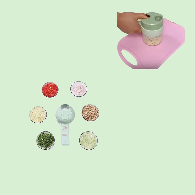 Coupe-légumes et hachoir sans fil 4-en-1 entouré de légumes tranchés et hachés.