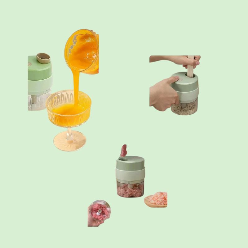 Coupe-légumes et hachoir sans fil 4-en-1 multifonction prêt à couper et hacher différents aliments.