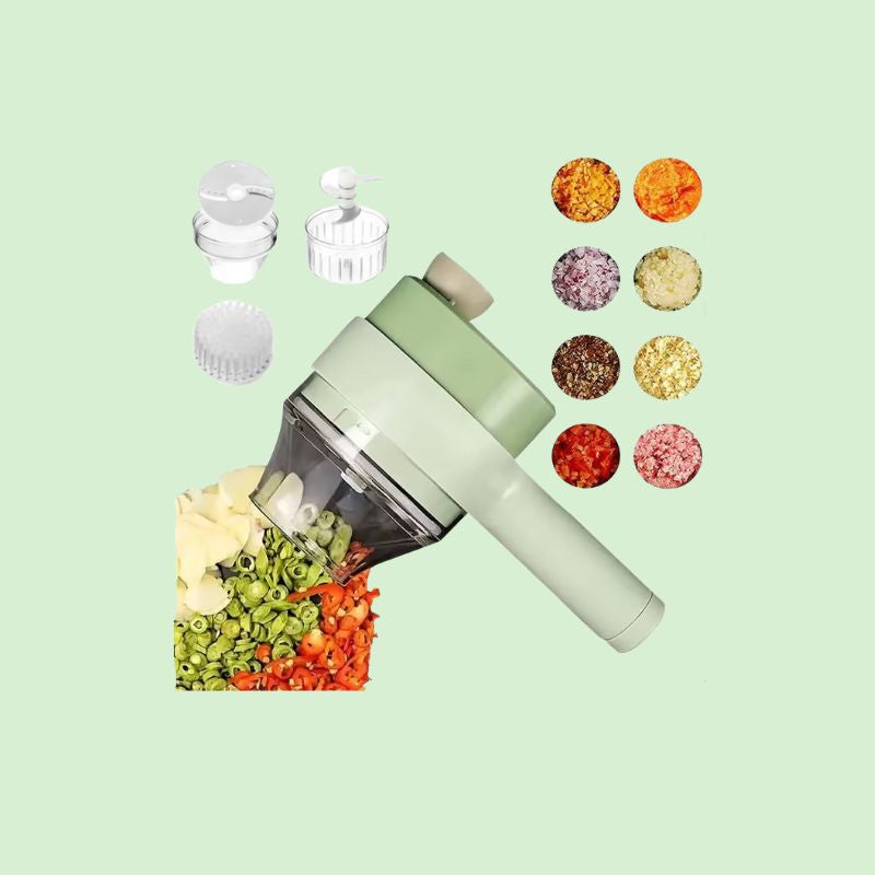 Coupe-légumes et hachoir sans fil 4-en-1 avec piments tranchés et plusieurs préparations de légumes en multi-présentation.