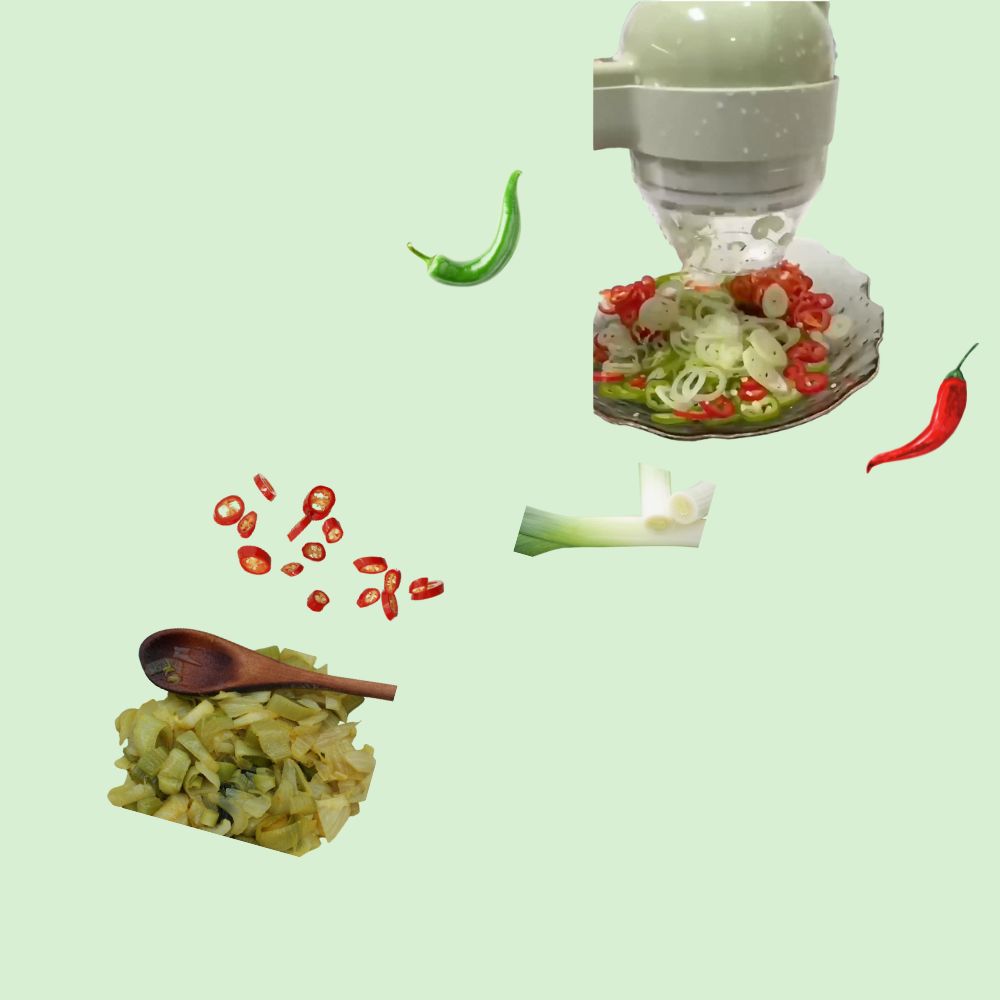 Coupe-légumes et hachoir sans fil 4-en-1 en action avec légumes frais et préparations hachées et tranchées.