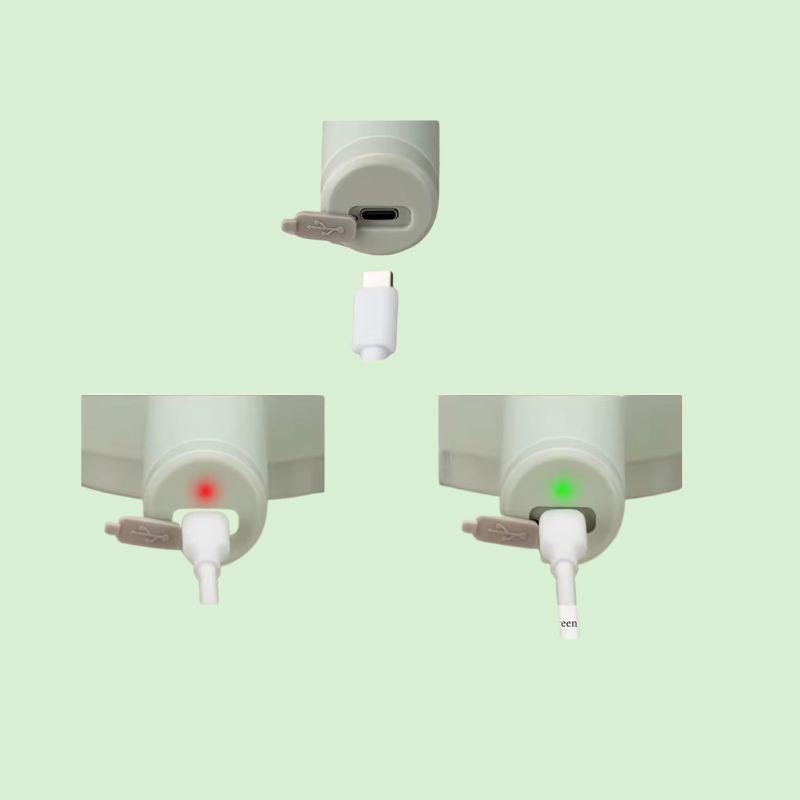 Coupe-légumes et hachoir sans fil 4-en-1 montrant le branchement USB et l’indicateur de charge.