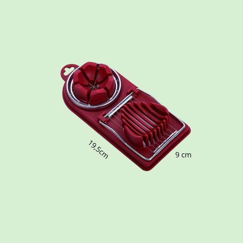 Coupe-œufs multifonction en acier inoxydable avec dimensions indiquées.