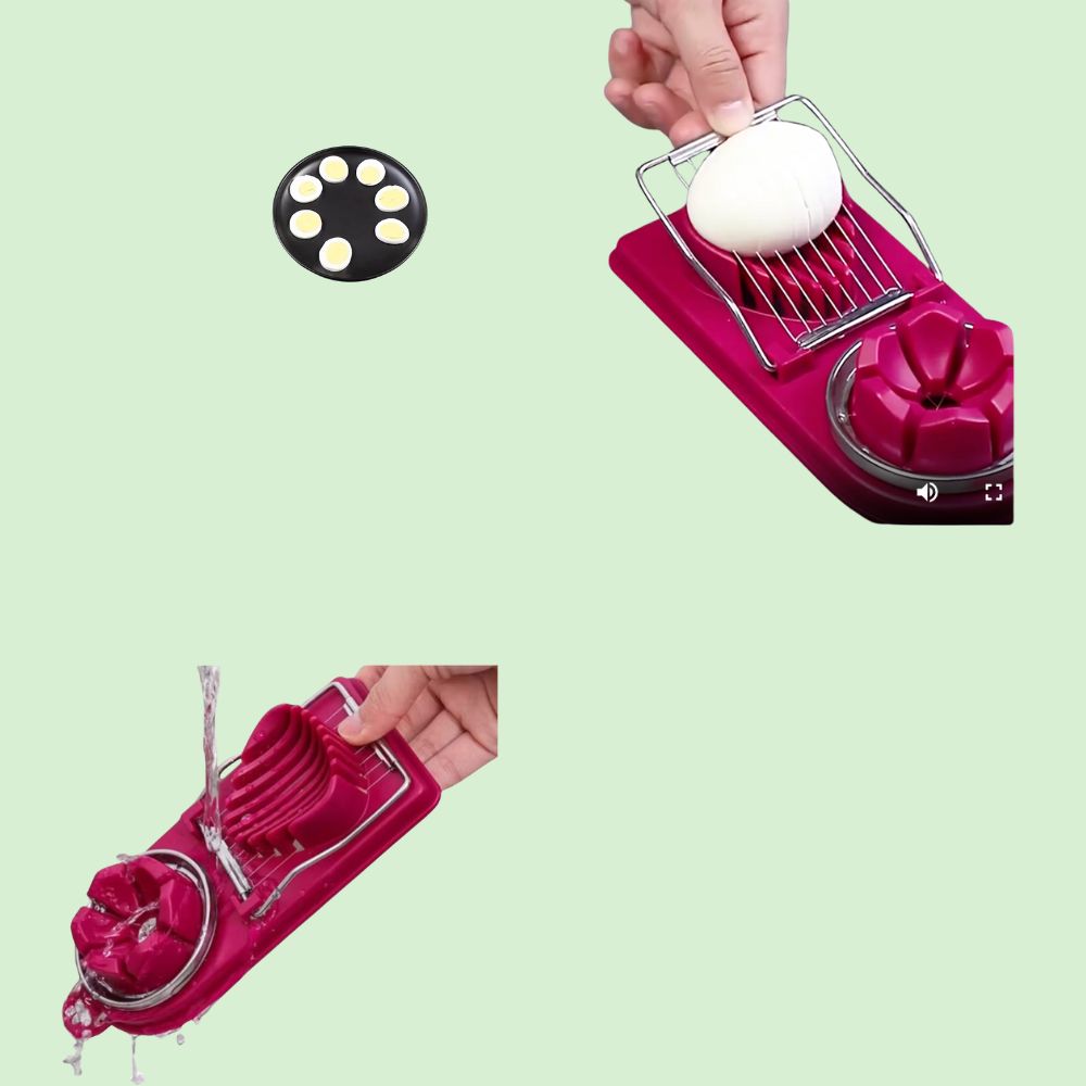 Coupe-œufs multifonction en acier inoxydable montrant comment trancher ou couper un œuf dur en quartiers.