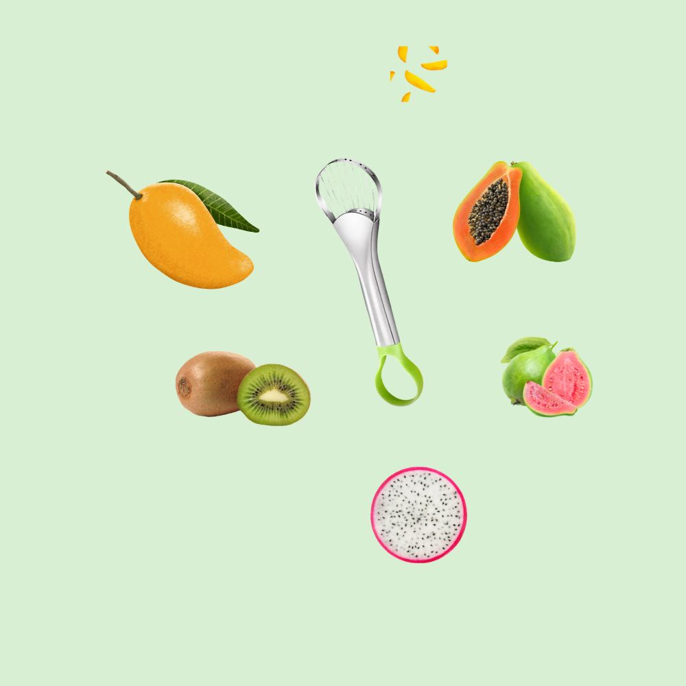 couteau à avocat inox coupant kiwis, mangues et fruits exotiques avec des tranches nettes et fraîches