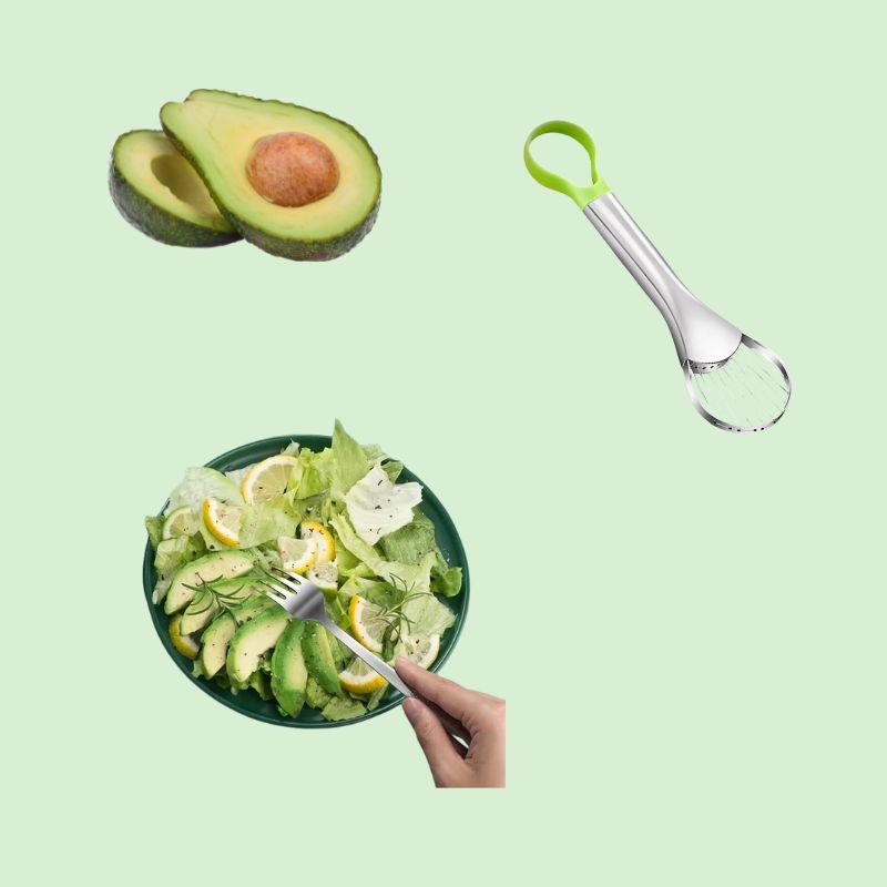 couteau à avocat inox présenté avec tranches d’avocat et salade