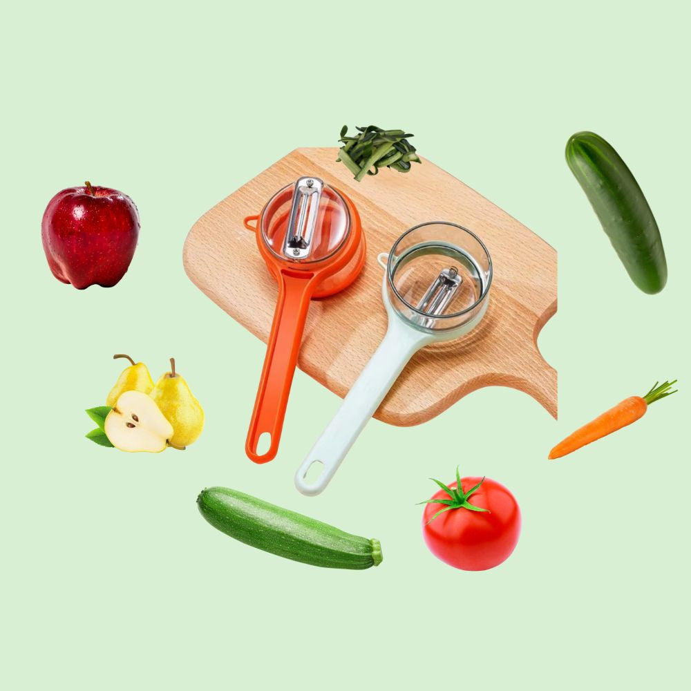 couteau éplucheur entouré de légumes et fruits