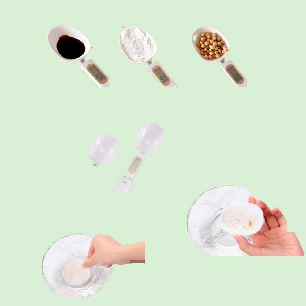 Trois cuillères de cuisine pesant différents ingrédients, avec une cuillère séparée pour un nettoyage facile.