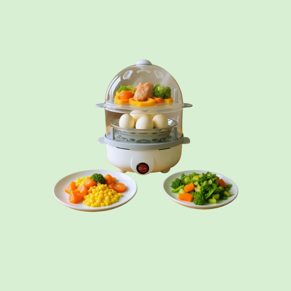 Cuiseur à œufs double couche avec légumes vapeur et œufs moelleux
