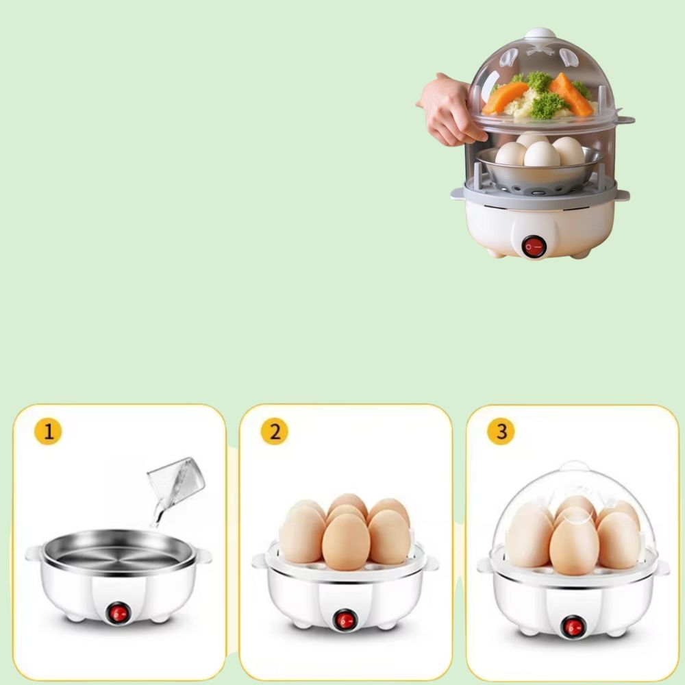 Personne utilisant un cuiseur à œufs avec légumes et œufs vapeur
