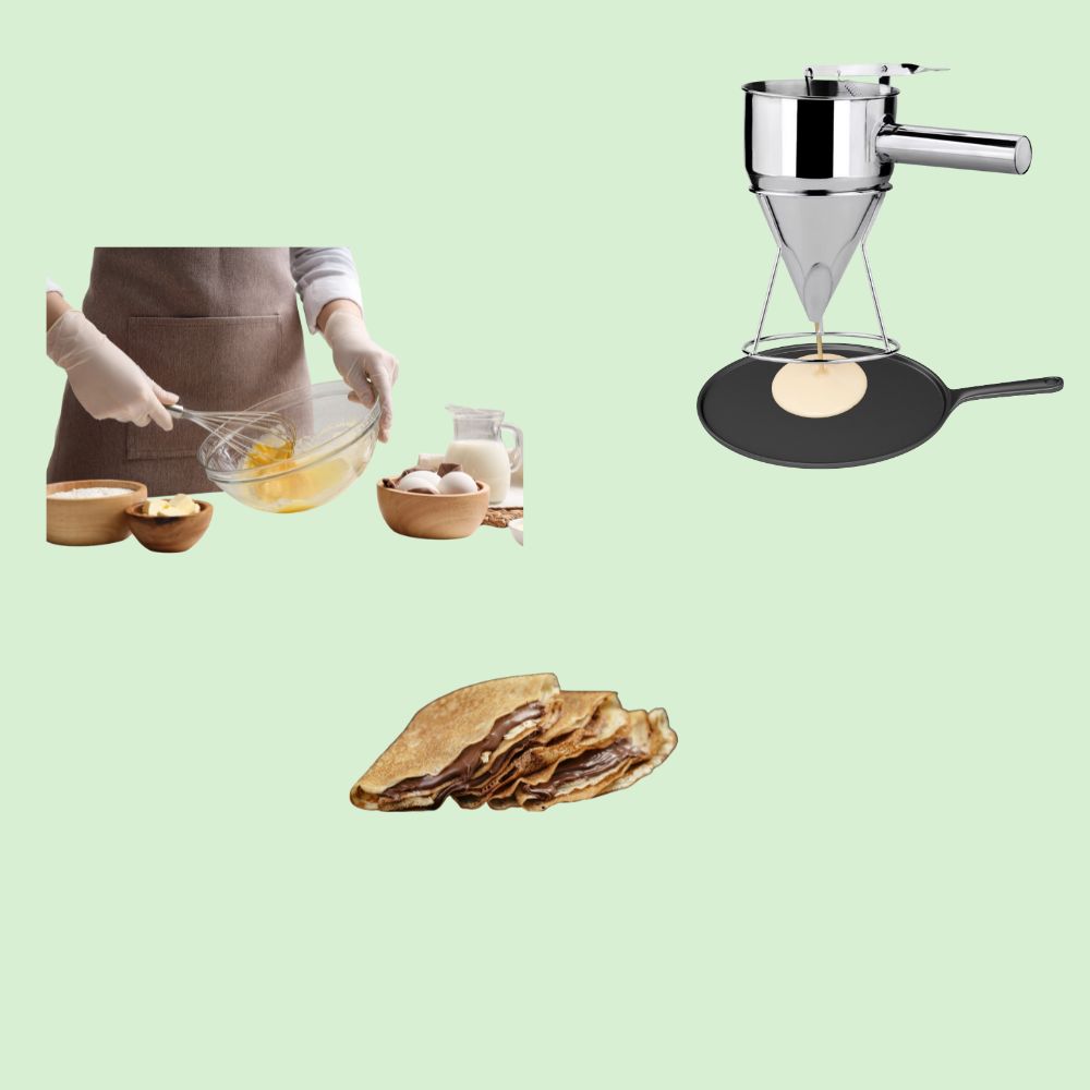 Distributeur de pâte en train de verser de la pâte à crêpes sur une plaque, avec des crêpes déjà préparées à côté