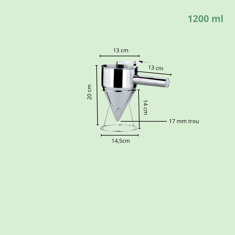 Distributeur de pâte en inox 1200 ml avec ses dimensions visibles