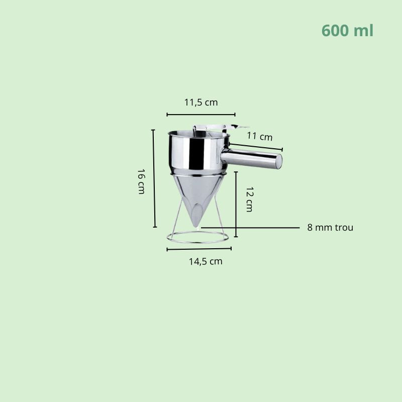 Distributeur de pâte en inox 600 ml avec ses dimensions visibles