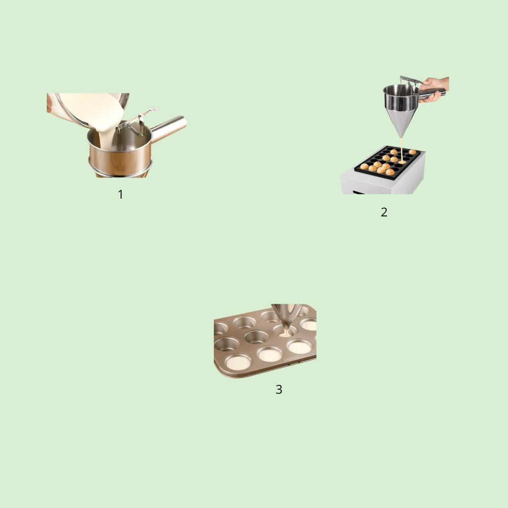 Étapes d’utilisation d’un distributeur de pâte en inox pour verser la pâte de manière précise et sans éclaboussures.