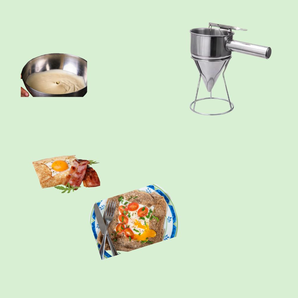 Distributeur de pâte en inox à côté d’un bol de pâte prête et de crêpes déjà réalisées.