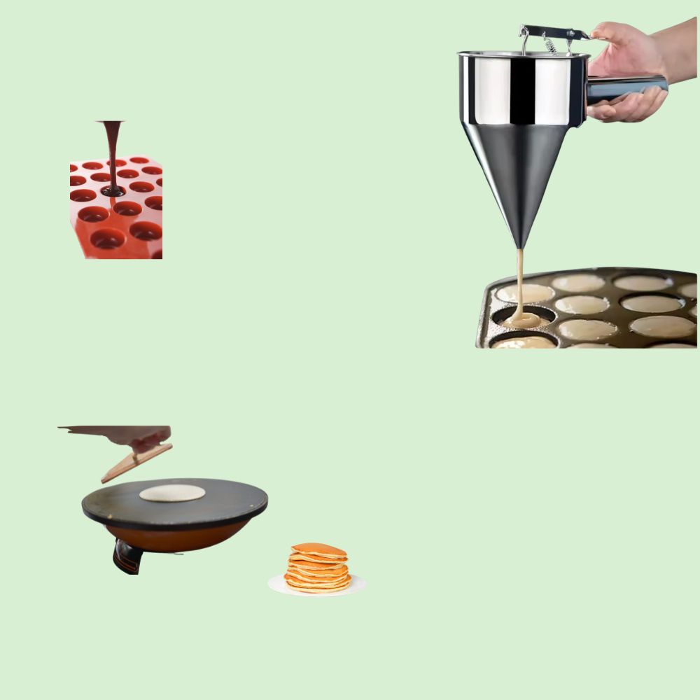 Distributeur de pâte en inox versant une pâte liquide dans des moules de manière propre et fluide