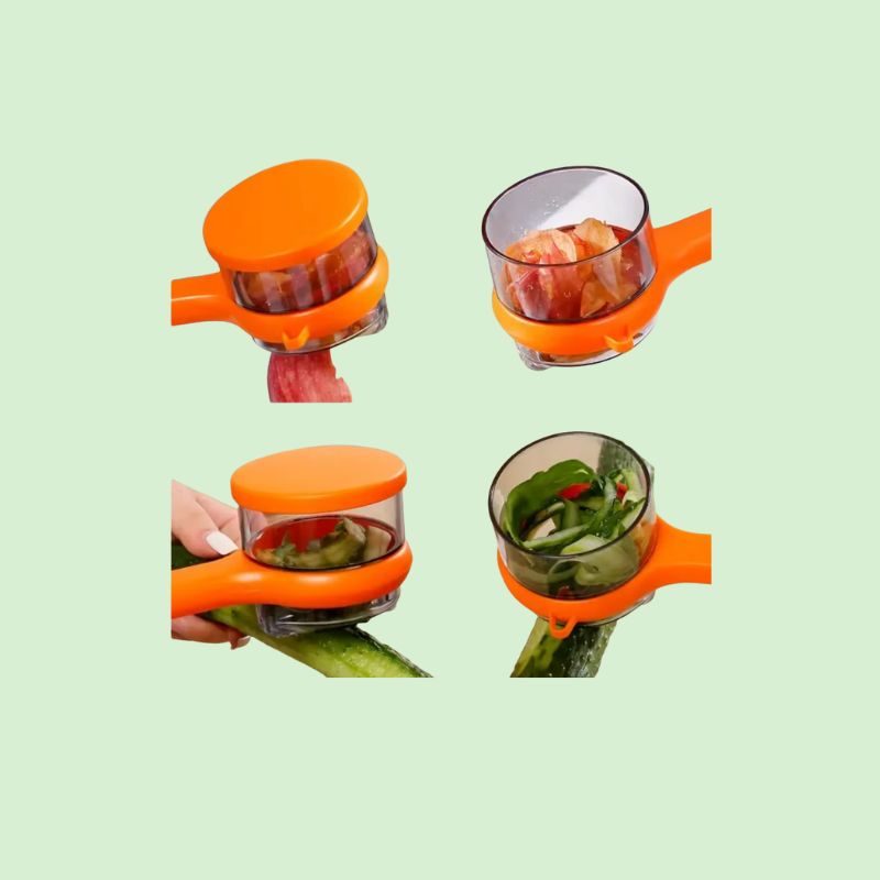 éplucheur avec bac récupérateur en action pour peler deux légumes avec épluchures à côté