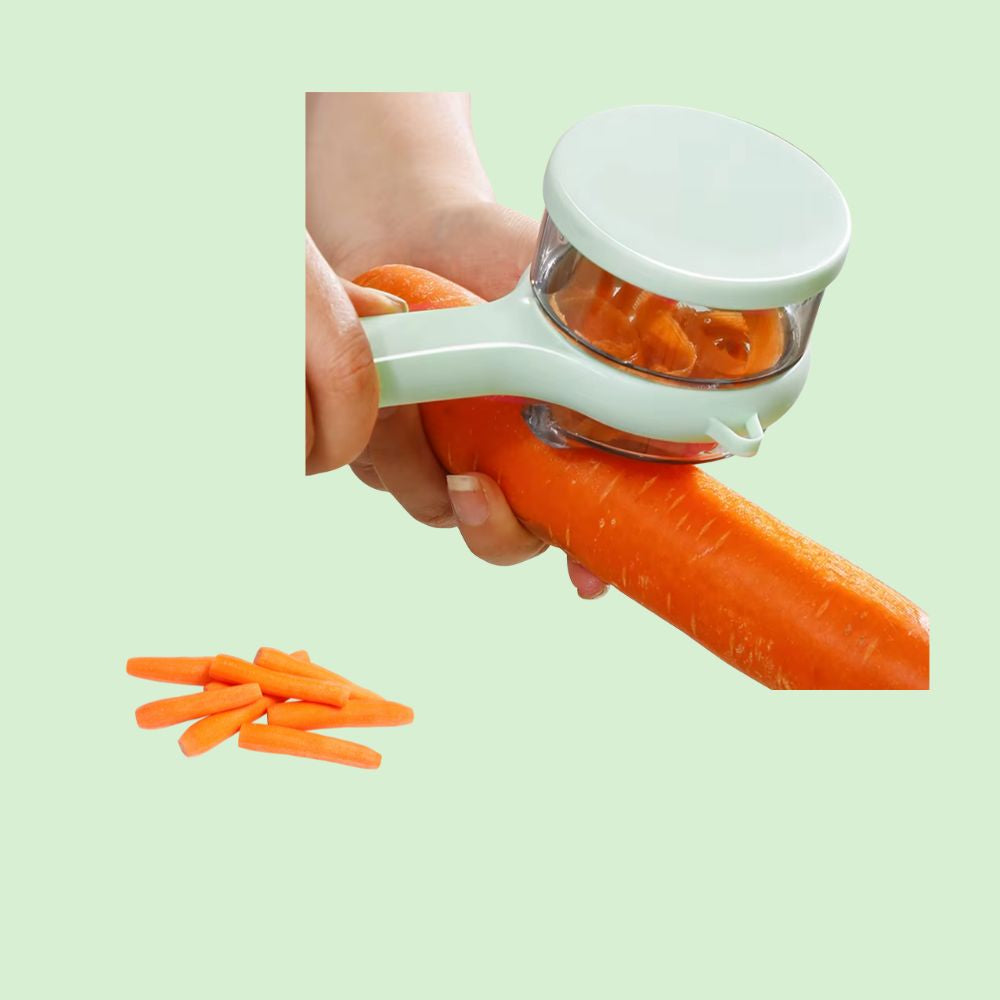 éplucheur avec bac récupérateur en action pour peler un fruit ou légume proprement