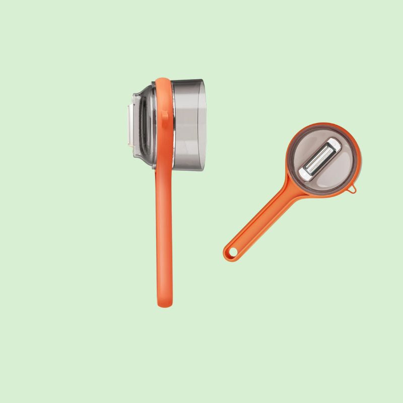 éplucheur avec bac récupérateur, produit présenté sur ses deux côtés