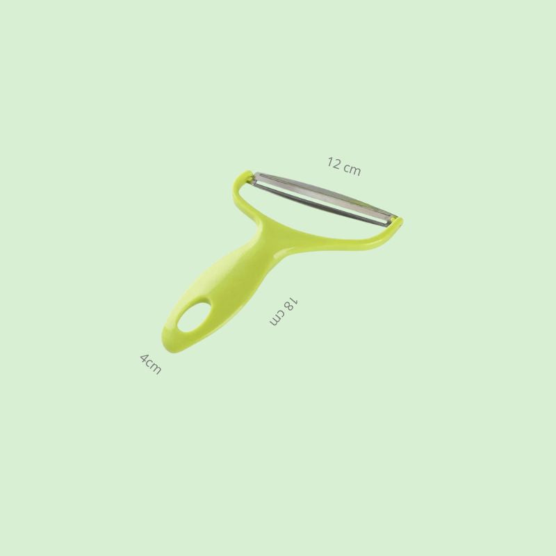 Éplucheur en acier inoxydable présenté avec ses dimensions, illustrant la taille du produit.
