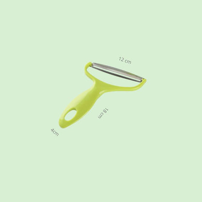 Éplucheur en acier inoxydable présenté avec ses dimensions, illustrant la taille du produit.
